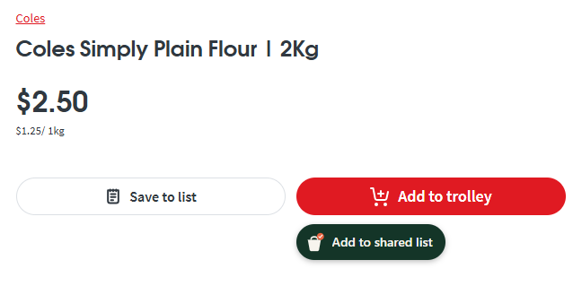 Add to shared list button on a product page
