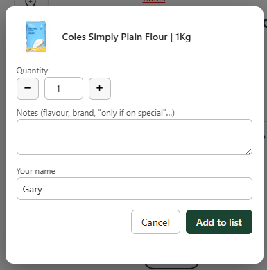 Add dialog showing the product name, image, and list picker