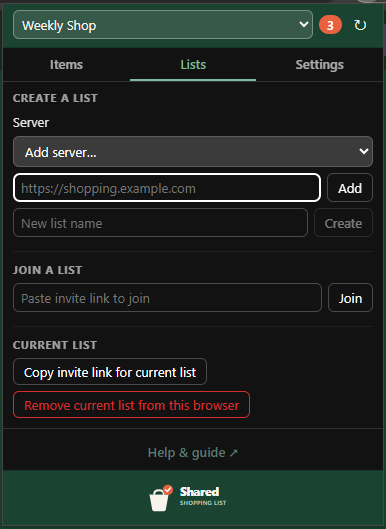 Lists tab with Add server… selected, revealing the server address box and Add button
