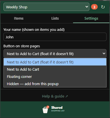 Settings tab with the Button on store pages dropdown open, showing its four options