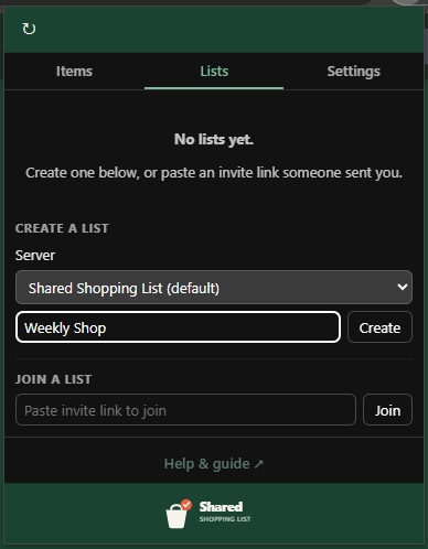 Popup Lists tab showing the New list name box and Create button