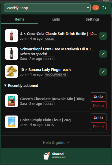 Extension popup with pending items and the Actioned section expanded