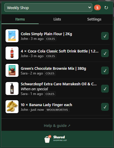 Shared Shopping List extension popup showing a list with a few pending items