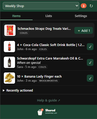 Extension popup on a product page, showing the quick-add row with a + Add 1 button above the pending items