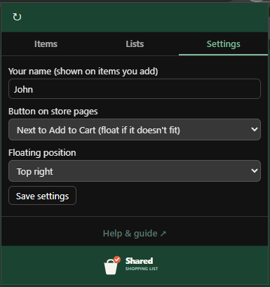 Extension popup Settings tab with the display-name field